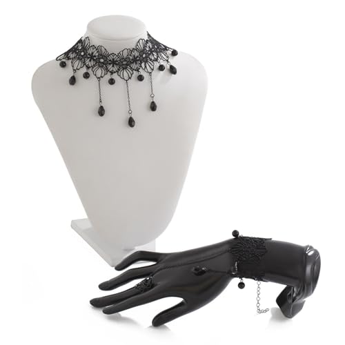 Bestleey Gothic Layered Lace Choker Necklace Earrings Set for Women,Vintage Black Crystal Tassels Necklaces Earrings Set Statement Punk Style Necklaces Earring Halloween Dark Vampire Jewelry (Black1)