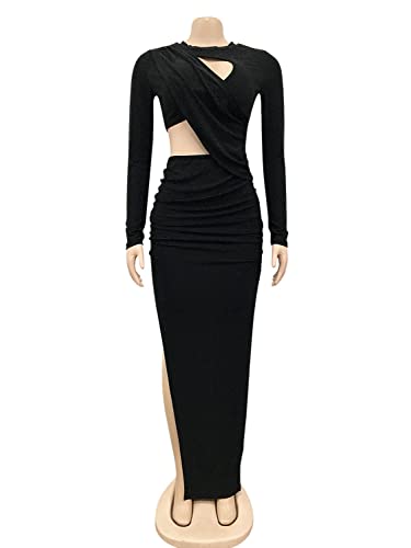 Elainone Women's Sexy Ruched Long Sleeve Bodycon Dress Cut Out Solid Color Basic Fitted Elegant Midi Dresses