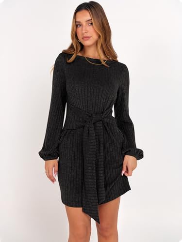 ANRABESS Womens 2026 Fall Dress Long Lantern Sleeve Ribbed Knit Casual Tie Waist Lightweight Mini Sweater Dress