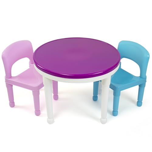 Humble Crew, White/Blue/Pink Kids 2-in-1 Plastic Building Blocks-Compatible Activity Table and 2 Chairs Set, Light Colors