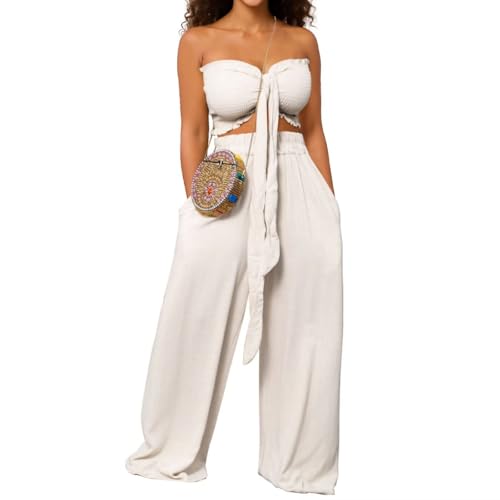 WXN Womens Two Piece Outfits Tie Front Bandeau Crop Top and Wide Leg Pants Set Vacation Summer Outfits with Pockets