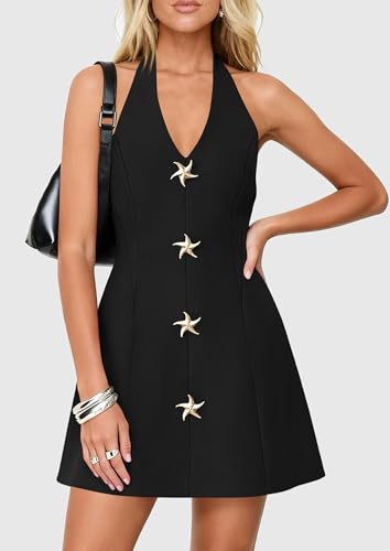 PRETTYGARDEN Cocktail Dresses for Women Short 2026 Summer Elegant Halter V Neck Sleeveless A Line Spring Mini Party Dress