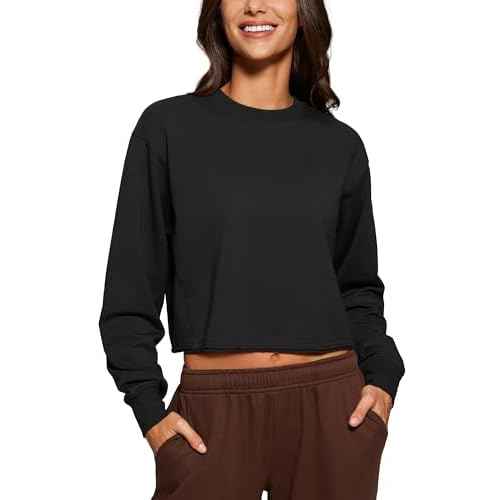 CRZ YOGA Womens Fleece Cropped Sweatshirts Crewneck Long Sleeve Double Raw Hem Workout Casual Pullover Tops