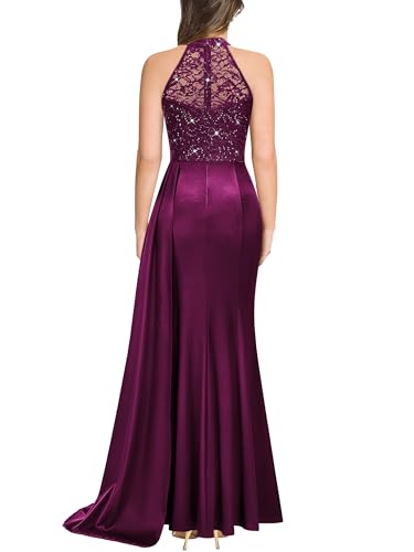 Miusol Women's Sexy Halter Sequin Lace Satin High Split Ruched Style Evening Party Maxi Dress