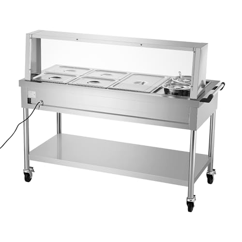 VEVOR Commercial Food Warmer, 5 Pans + 2 Pots Electric Steam Table, 1800W Professional Buffet Catering Food Warmer with Shield Undershelf Wheels, Stainless Steel Server for Party Restaurant Hotel