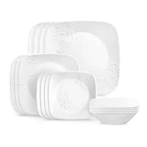 Corelle Cherish 16pc Dinnerware Set, Service for 4, 8 Plates 8 Bowls, Chip & Break Resistant, White Corelleware