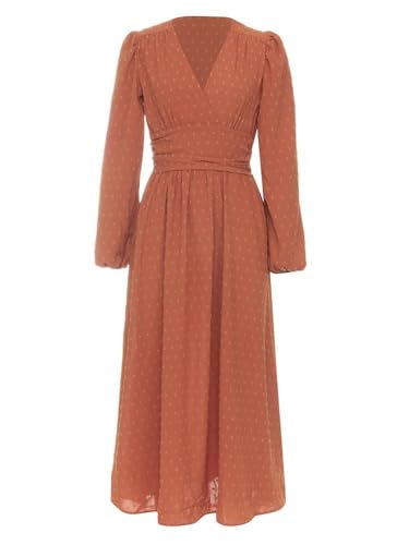 Mettclasi Women's Spring Fall Swiss Dot V Neck Maxi Dress Casual Puff Long Lantern Sleeve A-Line Flowy Dress