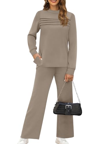 WIHOLL Two Piece Sets for Women Fall Travel Vacation Outfits Long Sleeve Lounge Sets Side Slit Wide Leg Pants S-3XL