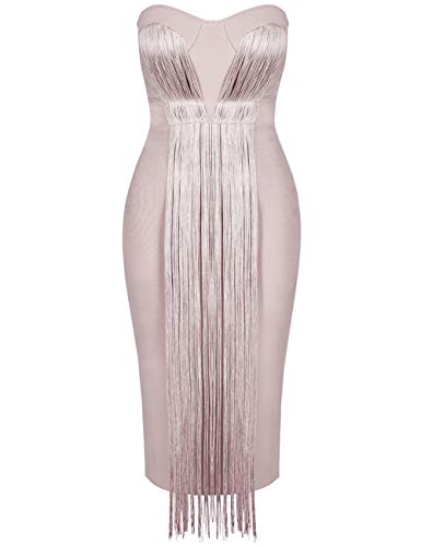 UONBOX Women's Strapless Elegant Tassel Tube Dress Bodycon Party Bandage Dress