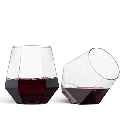 Munfix Plastic Stemless Wine Glasses 32 Pack - Diamond Shaped Unbreakable Disposable 12 Oz Clear Plastic Wine Champagne Wh...