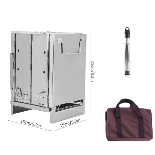 Portable Wood Burning Camp Stove with Grill - Folding, Backpacking, Box Stove with Fire Blowing Stick and Carrying Bag