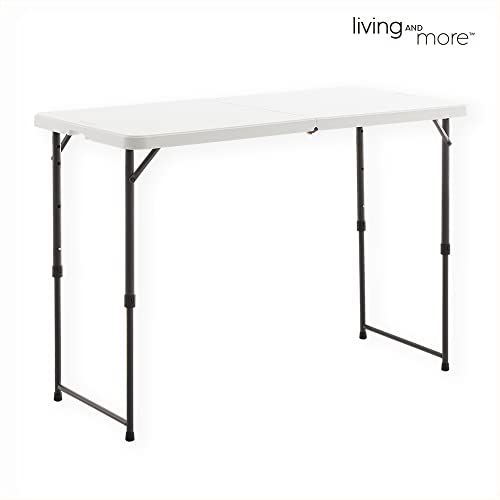 Living and More 4 Foot Height Adjustable Fold-in-Half Table with Carrying Handle, Easy Folding and Storage, Indoor Outdoor...