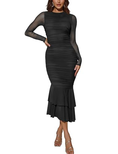 Atizon Elegant Ruched Bodycon Evening Dresses for Women Cocktail Party Formal Maxi Mermaid Dress