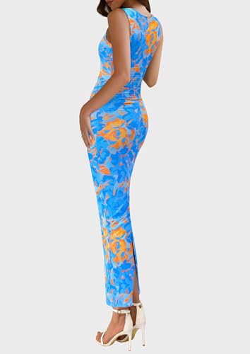 PRETTYGARDEN Womens Summer Wedding Guest Dress 2026 Spring Mesh Sleeveless Bodycon Ruched Floral Holiday Maxi Long Dresses