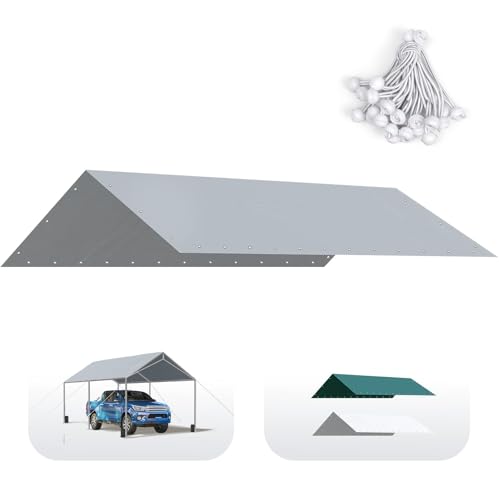 Quictent Carport Replacement Tarp Canopy Top Cover with Bungees Balls, for 10x20 ft Garage Party Tent Shelter - Gray, One ...