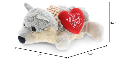 DolliBu I Love You Valentine Plush Lying Grey Wolf - Cute Stuffed Animal with Red Heart and Name Personalization Gift for Valentines Day, Birthday, Anniversary, Romantic Date - 9 Inches