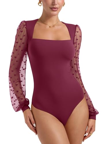 PINKMSTYLE Women's Square Neck Double Lined Mesh Long Sleeve Bodysuits Slim fit Trendy Going Out Tops Shirts