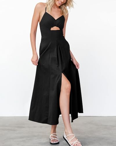 BTFBM Women 2026 Spaghetti Strap Midi Summer Dresses Sleeveless V Neck Cutout Slit Casual Beach Party Maxi Dress Pockets