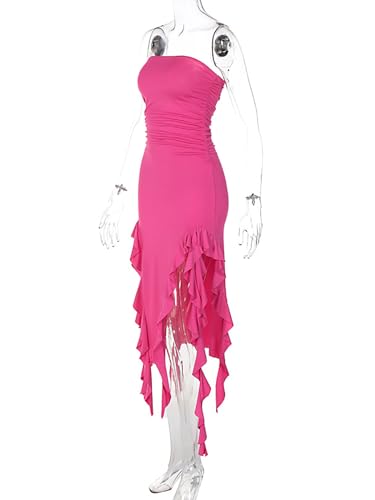 Women Summer Elegant Strapless Tube Midi Bodycon Dresses Irregular Ruffle Tassel Party Dress