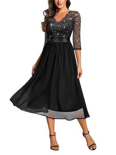 Miusol Women's Elegant V Neck Sequin Lace Sleeve Bridesmaid Party A-line Dress
