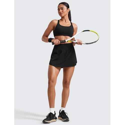 CRZ YOGA High Waisted Side Slit Tennis Skirts for Women - Mini Lined A Line Running Athletic Skort with Inner Pockets