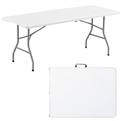 LING RONG Folding Table 6FT Portable Heavy Duty Plastic Table with Carrying Handle Fold-in-Half Utility Foldable Tables fo...