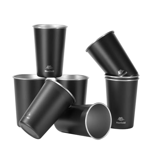HurOutd 8 Pack Stainless Steel Cups 16oz -Black Stackable Metal Drinking Glasses for Camping, Travel, Shatterproof Tumblers