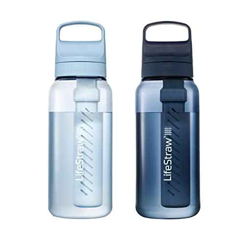 LifeStraw Go Series ? BPA-Free Water Filter Bottle for Travel and Everyday use removes Bacteria, parasites and microplastics, Improves Taste, 1L 2-Pack; Icelandic Blue and Aegean Sea