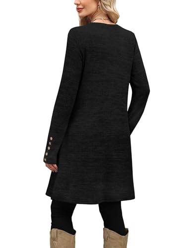 OFEEFAN Long Sleeve Dress for Women Crew Neck Tunic Dress with Pockets Decorative Buttons