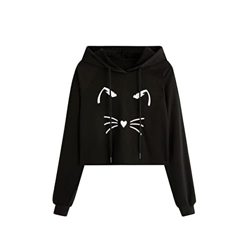 SweatyRocks Women's Long Sleeve Hoodie Crop Top Cat Print Sweatshirt
