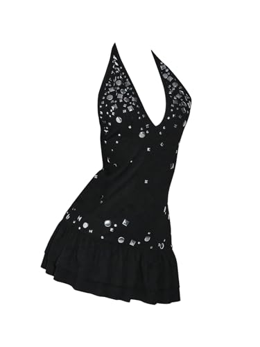 SOLY HUX Women's Sparkly Rhinestone Halter Mini Dress Sexy V Neck Sleeveless Layered Ruffle Party Club Summer Dresses
