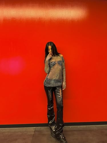 Cute and Spicy Women's Rhinestone Sheer Mesh Dress Long Sleeve Slim Fit V Back Party Clubwear Dress Run Small Order 1 Size UP