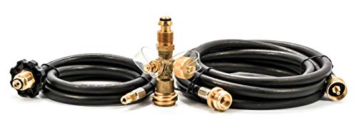 Camco Propane Brass 4 Port Tee- Comes with 5ft and 12ft Hoses, Allows for Connection Between Auxiliary Propane Cylinder an...