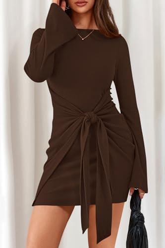 dowerme Women's Casual Mini Dress 2025 Bell Long Sleeve Boat Neck Tie Waist Bodycon Dresses Knitted Party Fall Outfits