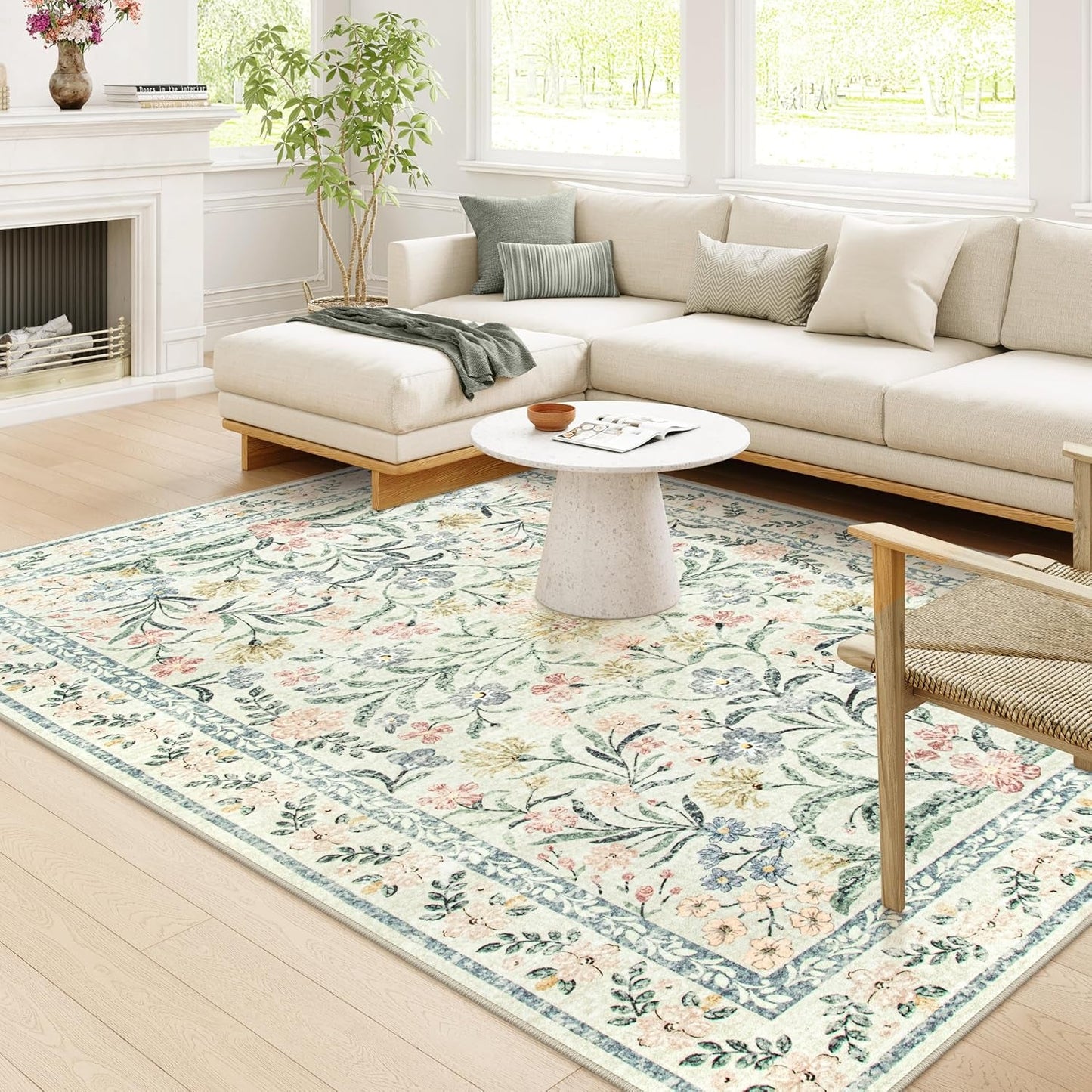 Boho Washable Rug 8X10, Large Area Rug for Living Room, Soft Floral Carpet for Bedroom Non Slip, 8 X 10 Indoor Beige Carpets for Nursery Dining Room Apartment Office Decor