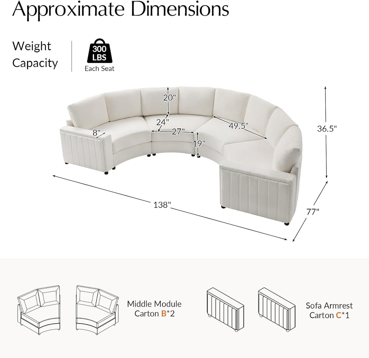 138" Oversized Curved Sectional Sofa, Modern U Shaped Modular Sectional Couch with Deep Seat, 4 Seater Sofa for Living Room, No Assembly Required, Ivory