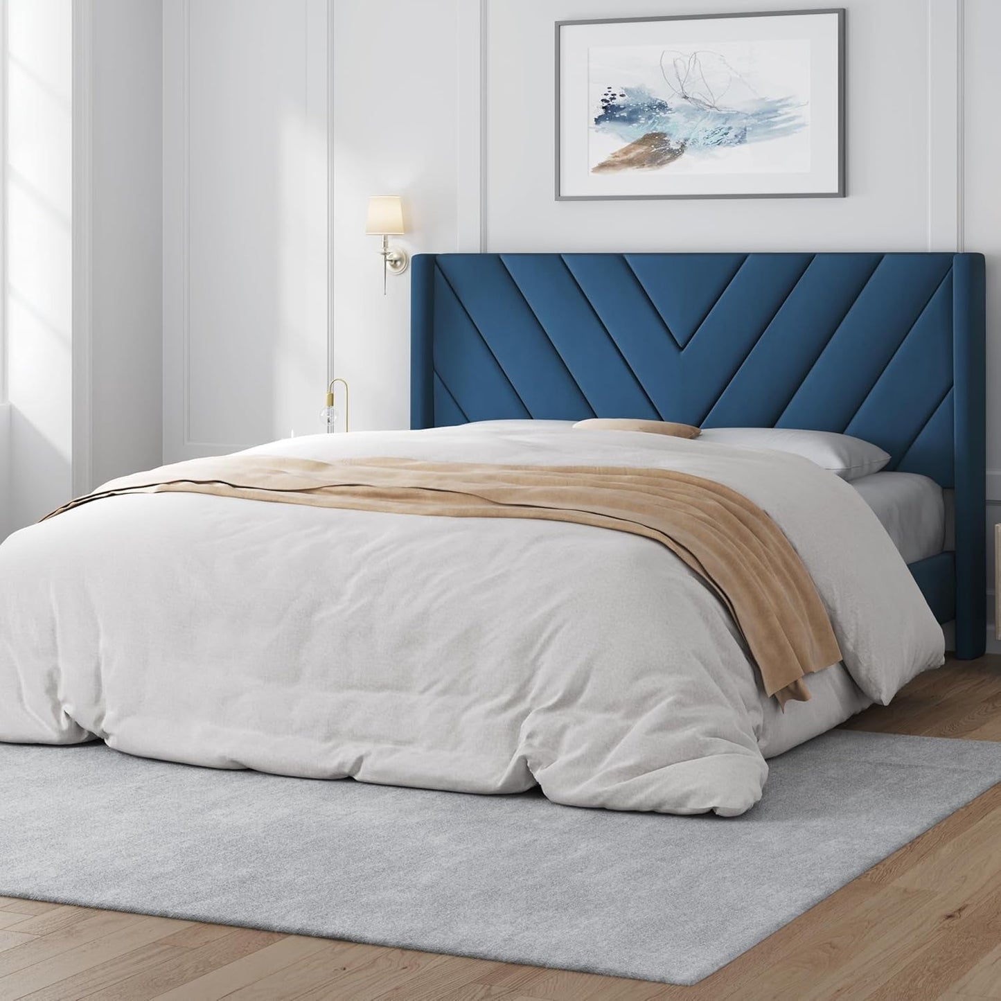 Queen Bed Frame Upholstered Platform Bed with Wing Side/Wooden Slat Support/Tufted Headboard with Wing Side/Mattress Foundation/No Box Spring Needed,Blue Queen Bed