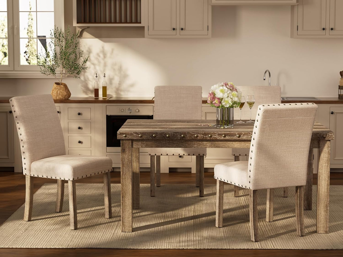 Rustic Dining Table Set for 6, Farmhouse Kitchen Dining Chairs for 6, Charming 60" Rectangular Wooden Table&6 Upholstered Chair with Nailhead Accents for Dining Hub,Breakfast Nook