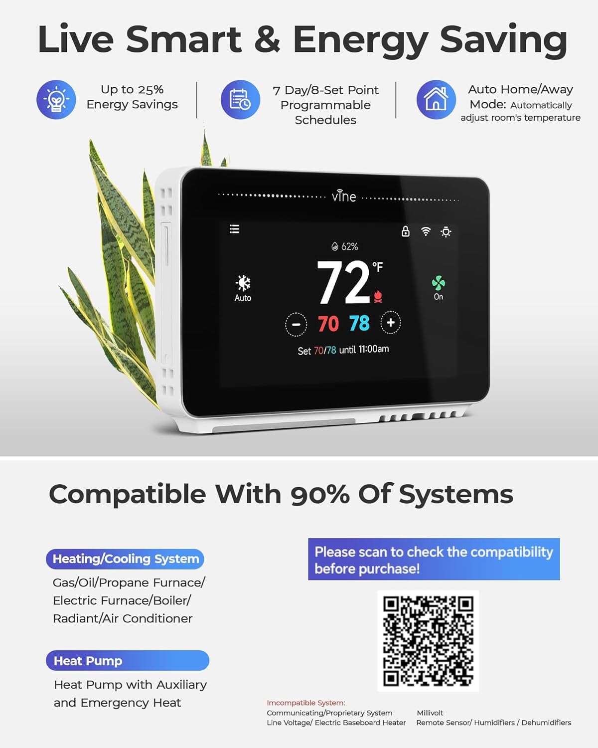 Smart Thermostat for House with Nightlight, 4.3 Inches Wifi Thermostats for Home Compatible with Alexa and Google Assistant, 7Day X 8Period Programmable, C-Wire Required