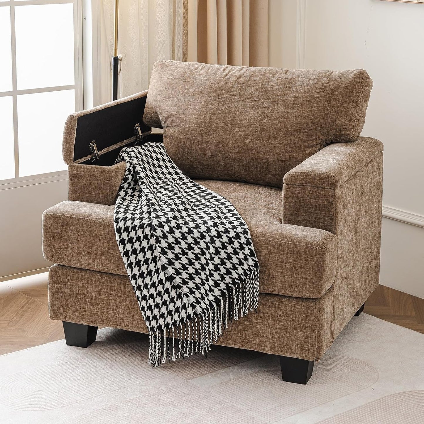 Oversized Accent Chair with Armrest Organizer,Comfy Living Room Chairs with 7.8'' Cushion,Upholstered Mid-Century Armchair,Large Reading Chair for Bedroom Living Room,Office,Chenille,Brown