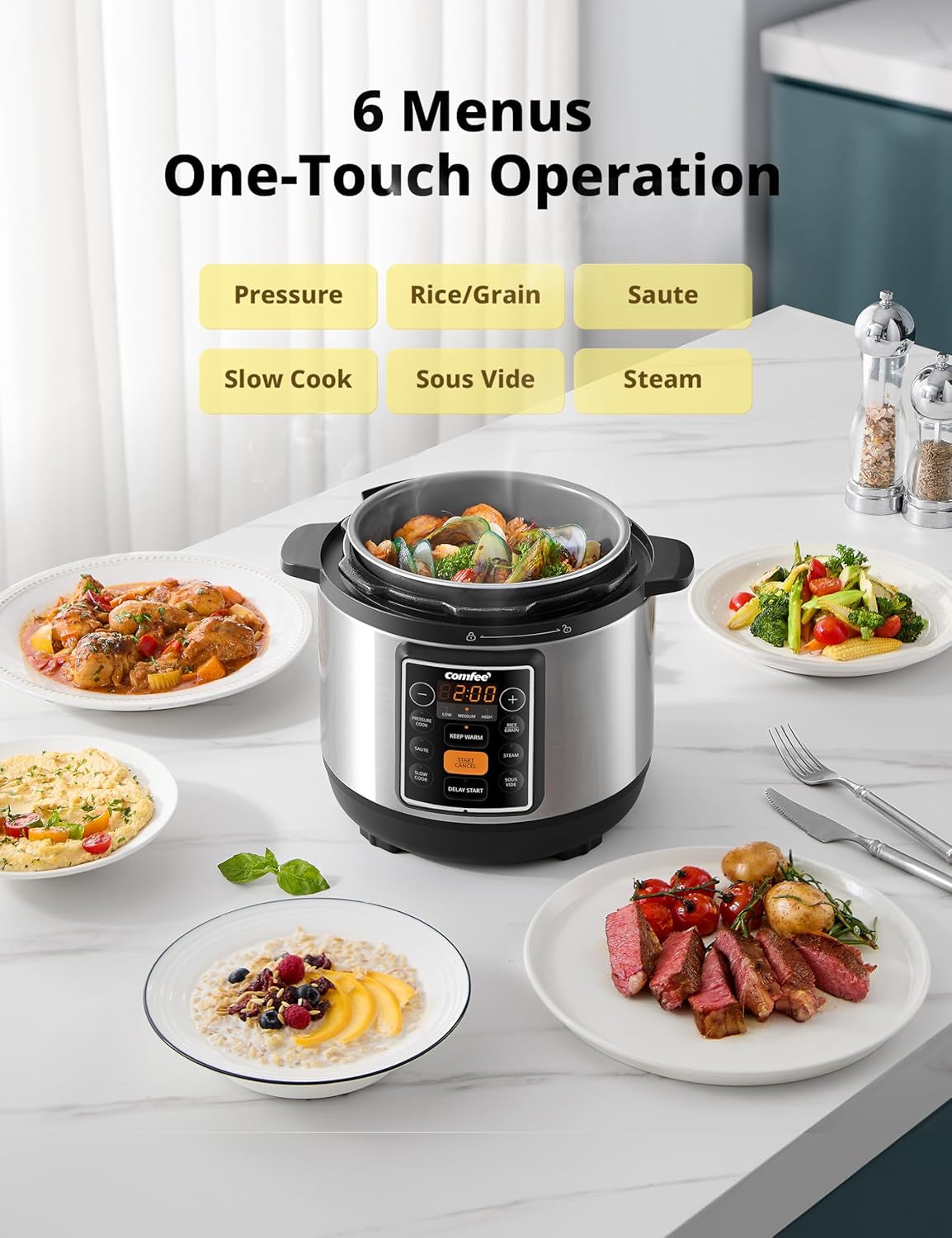 COMFEE’ 7-In-1 Small Electric Pressure Cooker, Slow Cooker, Steamer, Sauté, Sous Vide, Warmer, Multi Cooker with Natural Ceramic Coated Non-Stick Pot, 3 Quarts