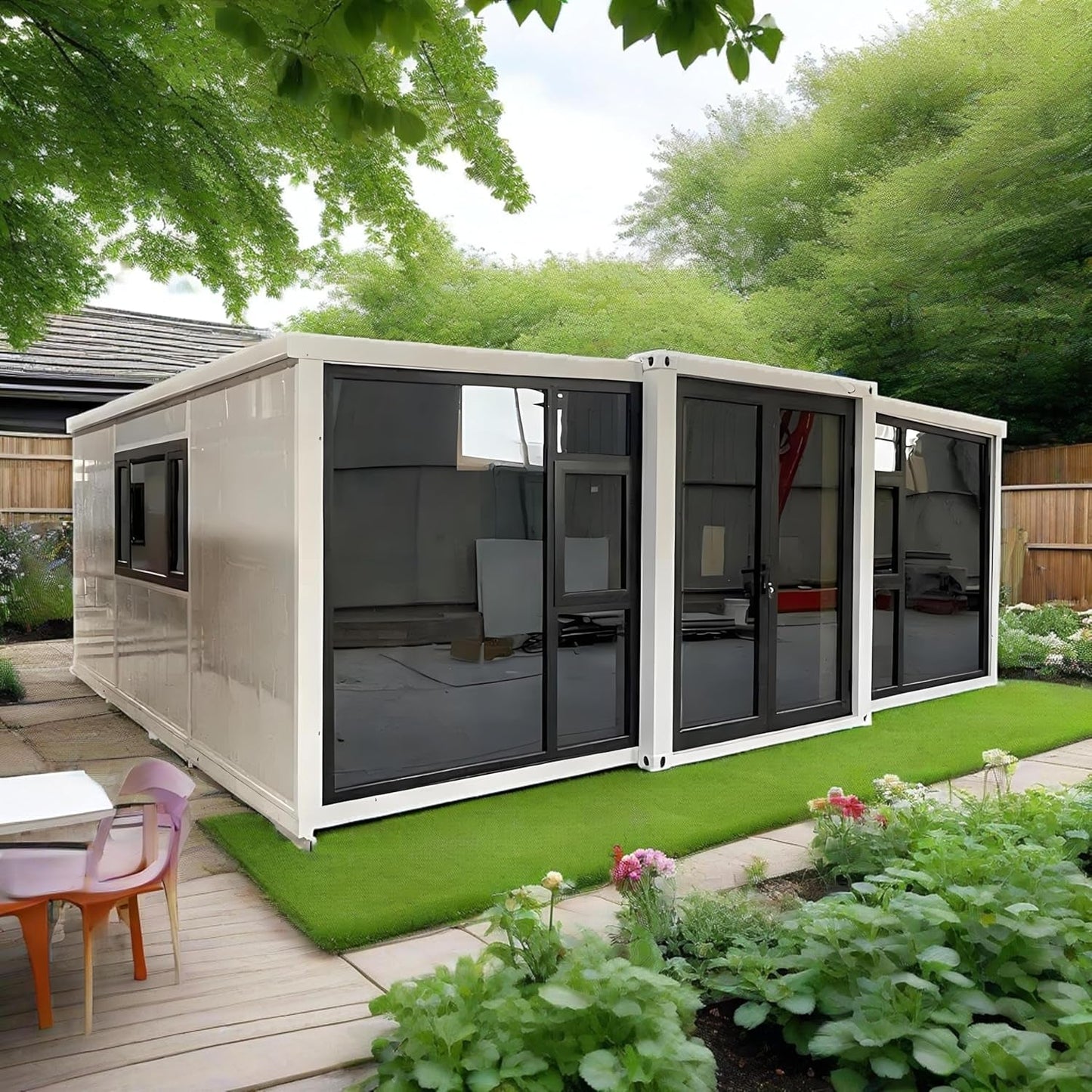 Modern Expandable Prefab Tiny Villa – 20Ft Foldable Container House with 2 Bedrooms,Fully Equipped Kitchen & Bathroom,Portable Prefabricated Modular Home for Family Living,Rental Cabin,Guest Suite