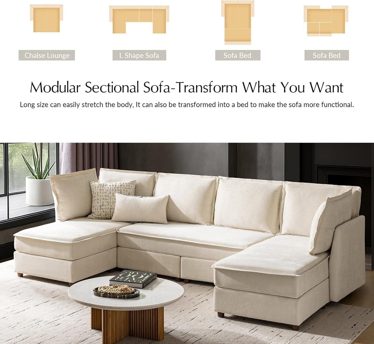128'' Modular Sectional Sofa with Chaise, Oversized U Shaped Sofa with Hidden Storage Compartment, Comfy Cloud Couch with Extra-Wide Seat, Tool-Free Assembly, Beige