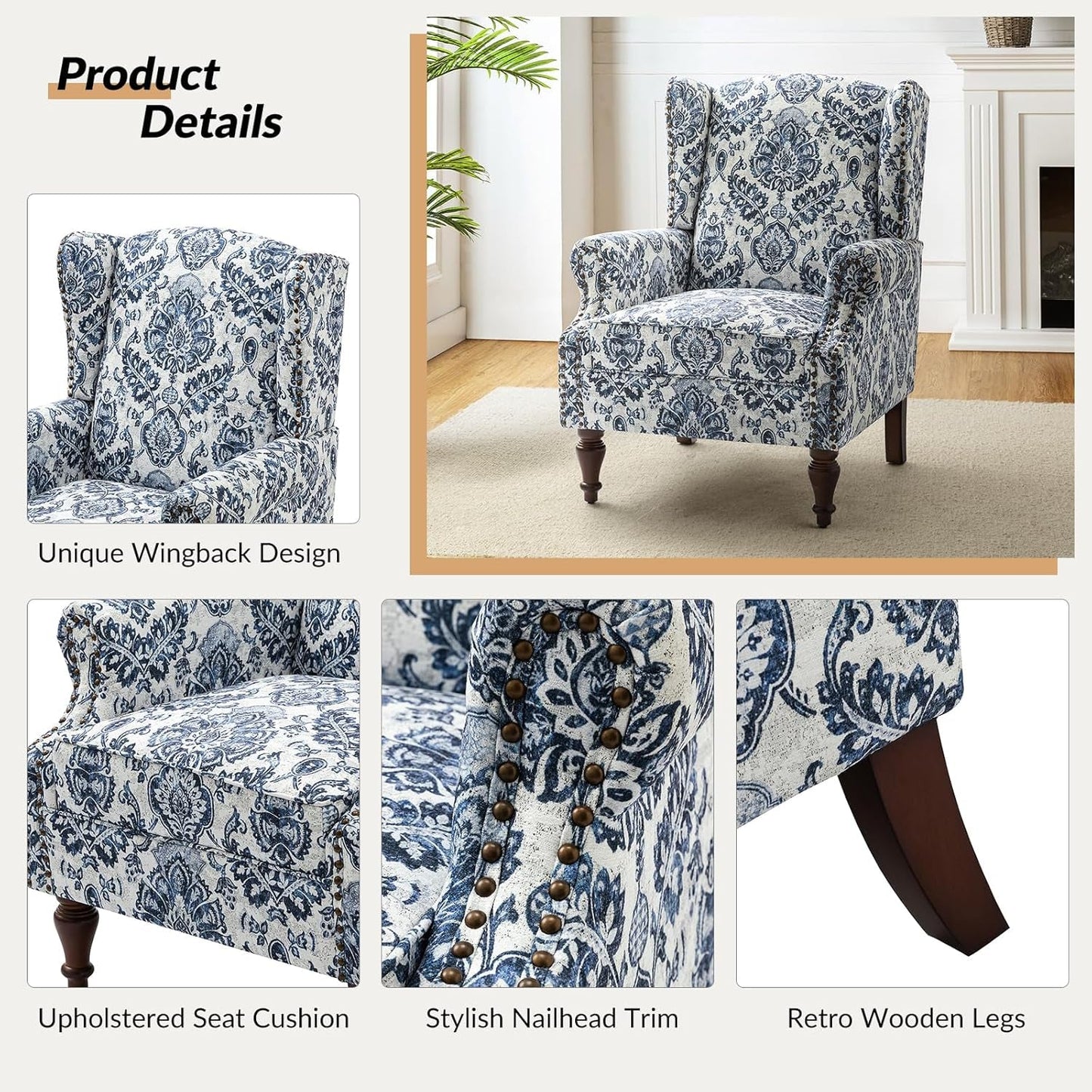 Wingback Accent Chair with Floral Pattern Design, Traditional Fabric Armchair with Nailhead Trim and Retro Wooden Legs, Navy