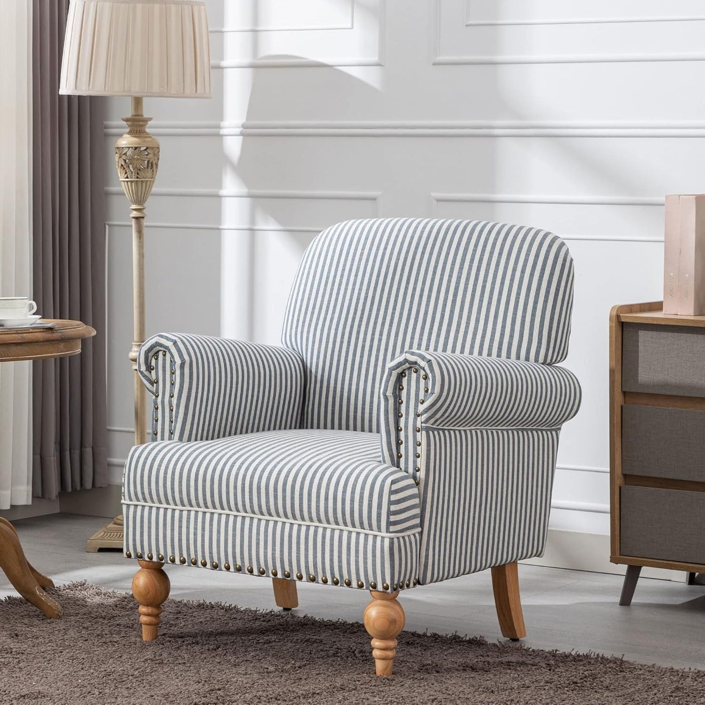 Mid Century Modern Accent Chair Linen Fabric Armchair Wide Reading Chairs Upholstered Lounge Chair for Bedroom/Living Room/Reception Room, Blue Stripe