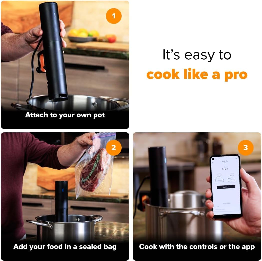 Sous Vide Precision Cooker Mini, 850 Watts, Black and Orange, App Enabled, 2024 Model