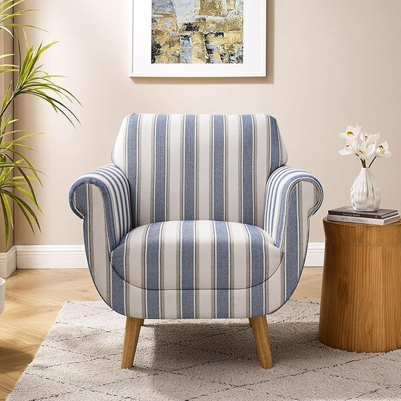 Mid-Century Accent Chair with Stripe Pattern, Modern Linen Fabric Armchair with Wood Legs, Club Chair for Living Room, Comfy Upholstered Side Chairs for Bedroom, Reading, Small Place (Navy)