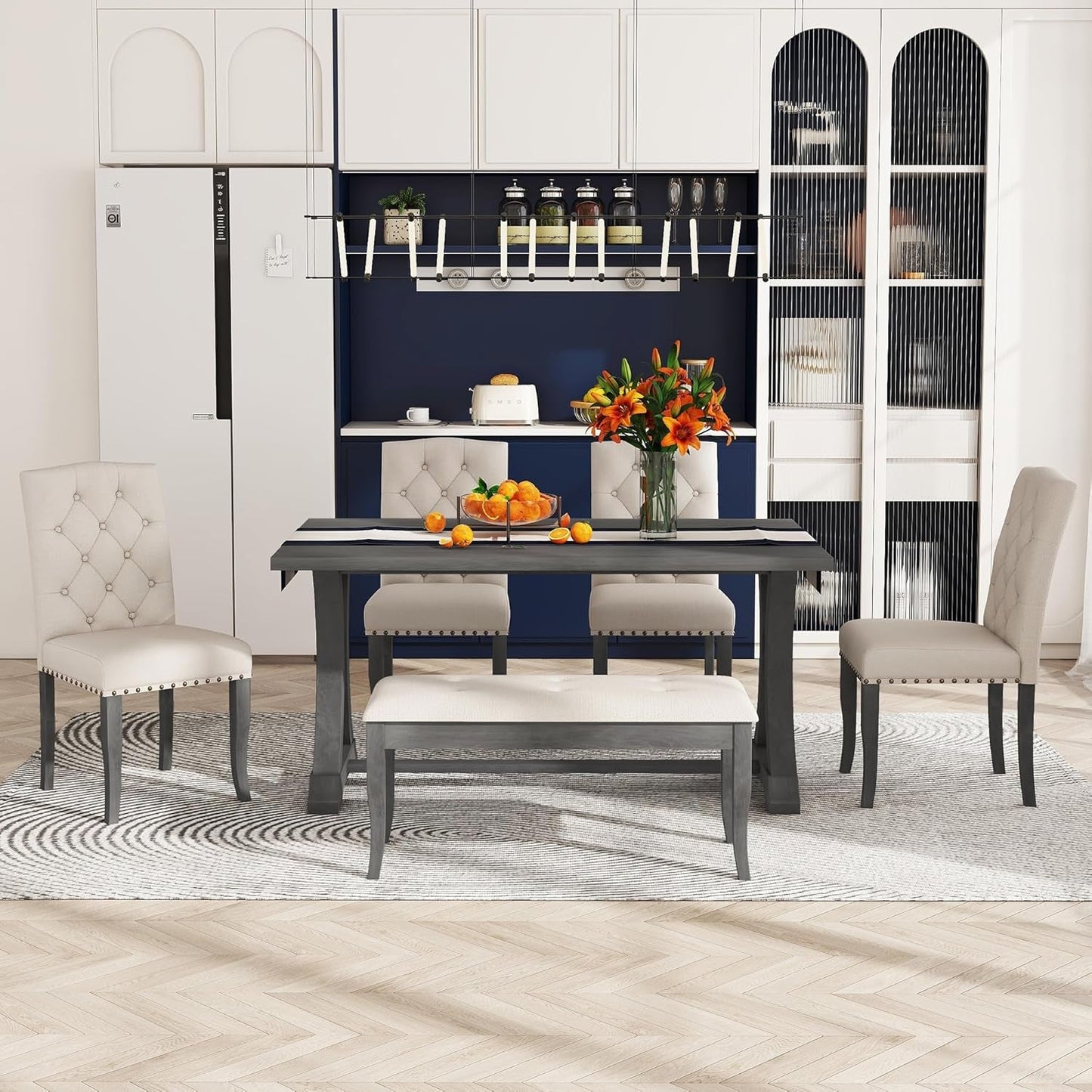Dining Table Set for 6, Kitchen Table Set with Chairs and Bench, 6 Piece Solid Wood Dining Room Set with Trestle Table Legs for Kitchen, Dining Room (Antique Grey)