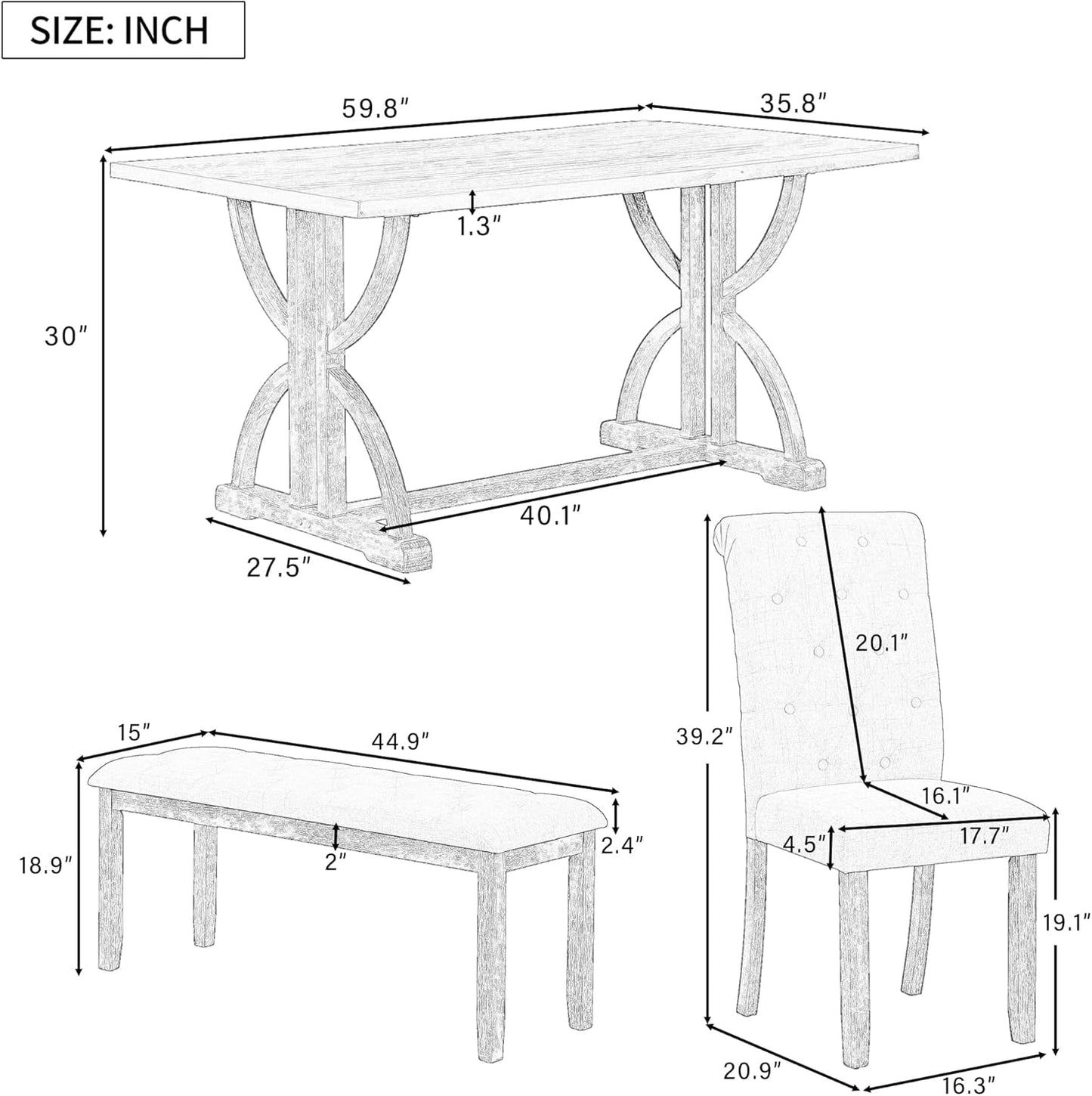 Solid Wood Kitchen Dining Room Table Set with Bench and Chairs for 6 Persons, Dining Table Set with with Rectangulars Table and Upholstered Seat, Natural Wood Wash