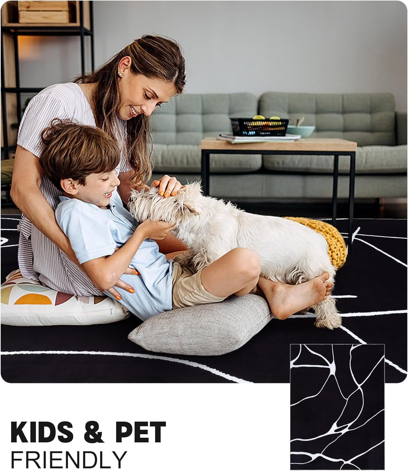 Modern Washable Area Rug for Living Room Bedroom - Large Abstract Black and White Rug Non-Slip Ultra-Thin Home Decor (Dark Warping, 8'X10'Ft)